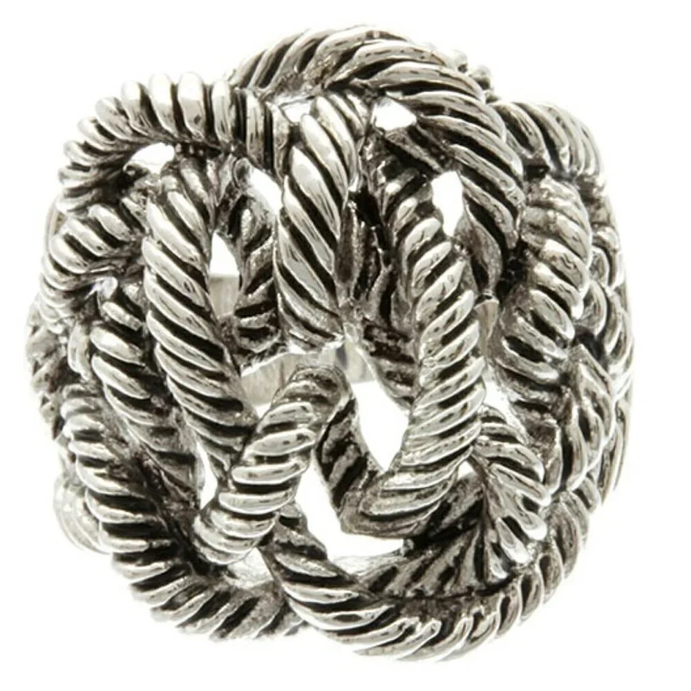 Twisted Rope Coiled Cable Silver Tone Metal Tangled Brass Ring Size 7